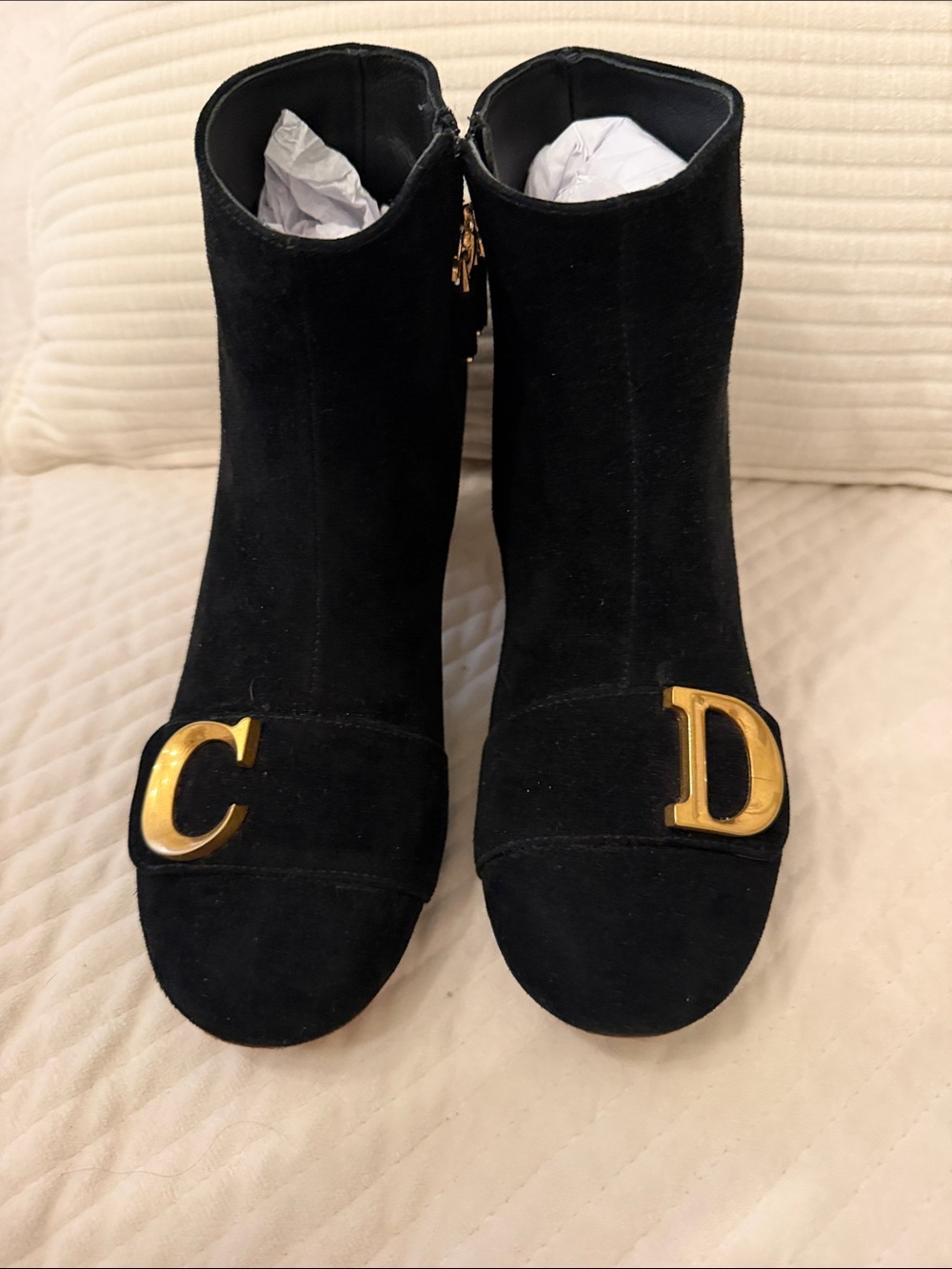 Black Suede Women's Ankle Boots with Gold Initial Hardware